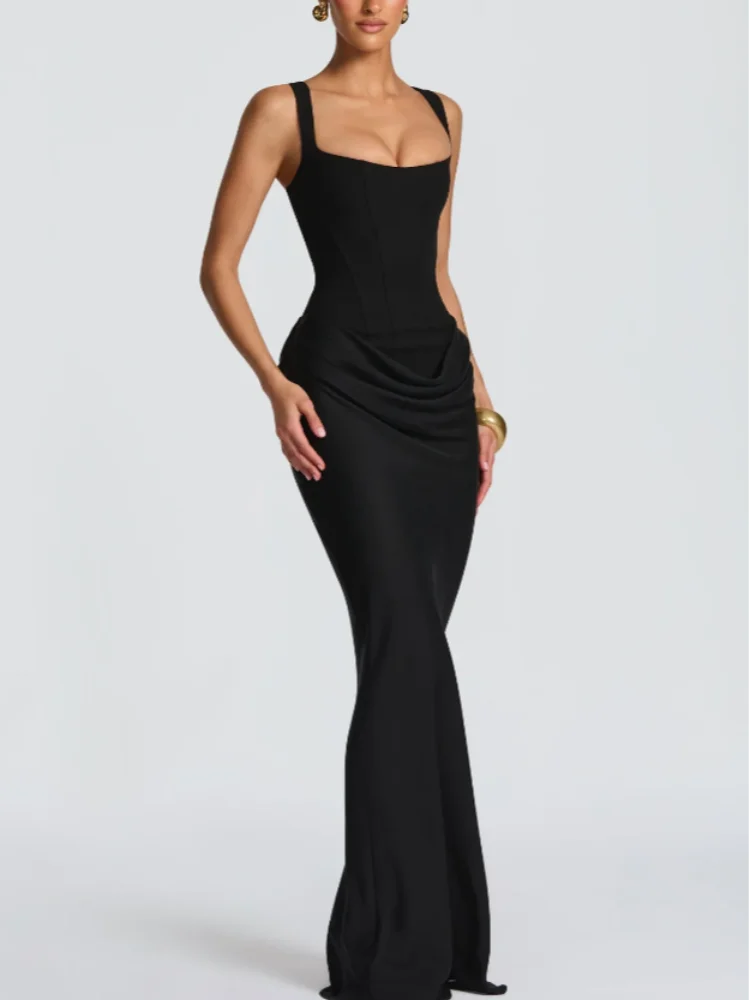 Robe à bretelles plissée unie pour femme col carré sans manches épaules dénudées cintrée à la taille effet amincissant robe de soirée et de fête pour femme 2025