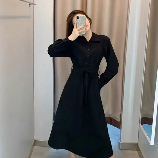 Robes noires pour femmes élégantes, douces, style coréen vintage, tempérament doux, midi, coupe trapèze chic, robes esthétiques Harajuku