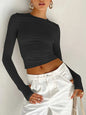 T-shirt femme mode à manches longues, col rond, uni, coupe slim, crop top pour femmes avec trous pour les pouces, pour le quotidien, streetwear d’été, camisoles