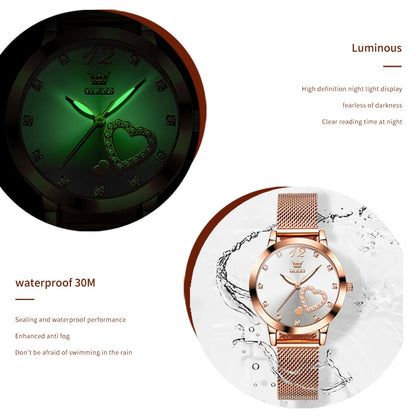 Montre pour femme OLEVS 5189, montre-bracelet à quartz, montre décontractée et tendance pour dames, étanche, lumineuse, bracelet en maille, cadran cœur, index en zircon.