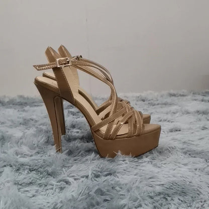 Sandales à plateforme pour femmes sexy 14 cm, défilés de mode, bout ouvert, talons hauts, stilettos à motif serpent, bride à la cheville, chaussures de soirée style gladiateur