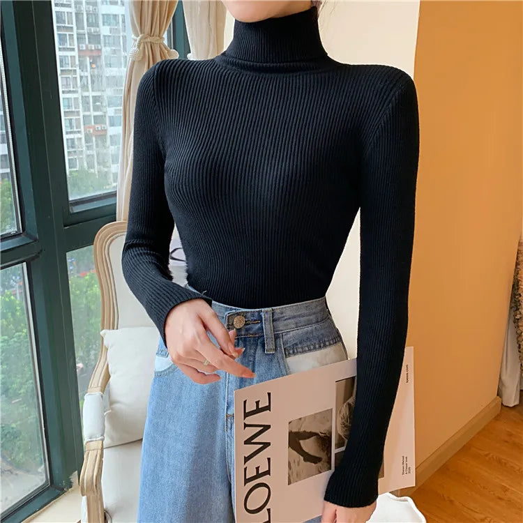 Pull femme automne-hiver 2026 à manches longues en maille, col roulé rabattable côtelé, doux et chaud, jumper pullover vêtements pour femme