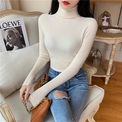Pull femme automne-hiver 2026 à manches longues en maille, col roulé rabattable côtelé, doux et chaud, jumper pullover vêtements pour femme