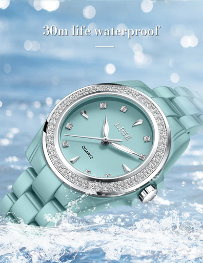 Montre pour femme LIGE 2026 nouvelle montre élégante en céramique à quartz, montre tendance étanche avec affichage lumineux, montre-bracelet pour femme + BOÎTE