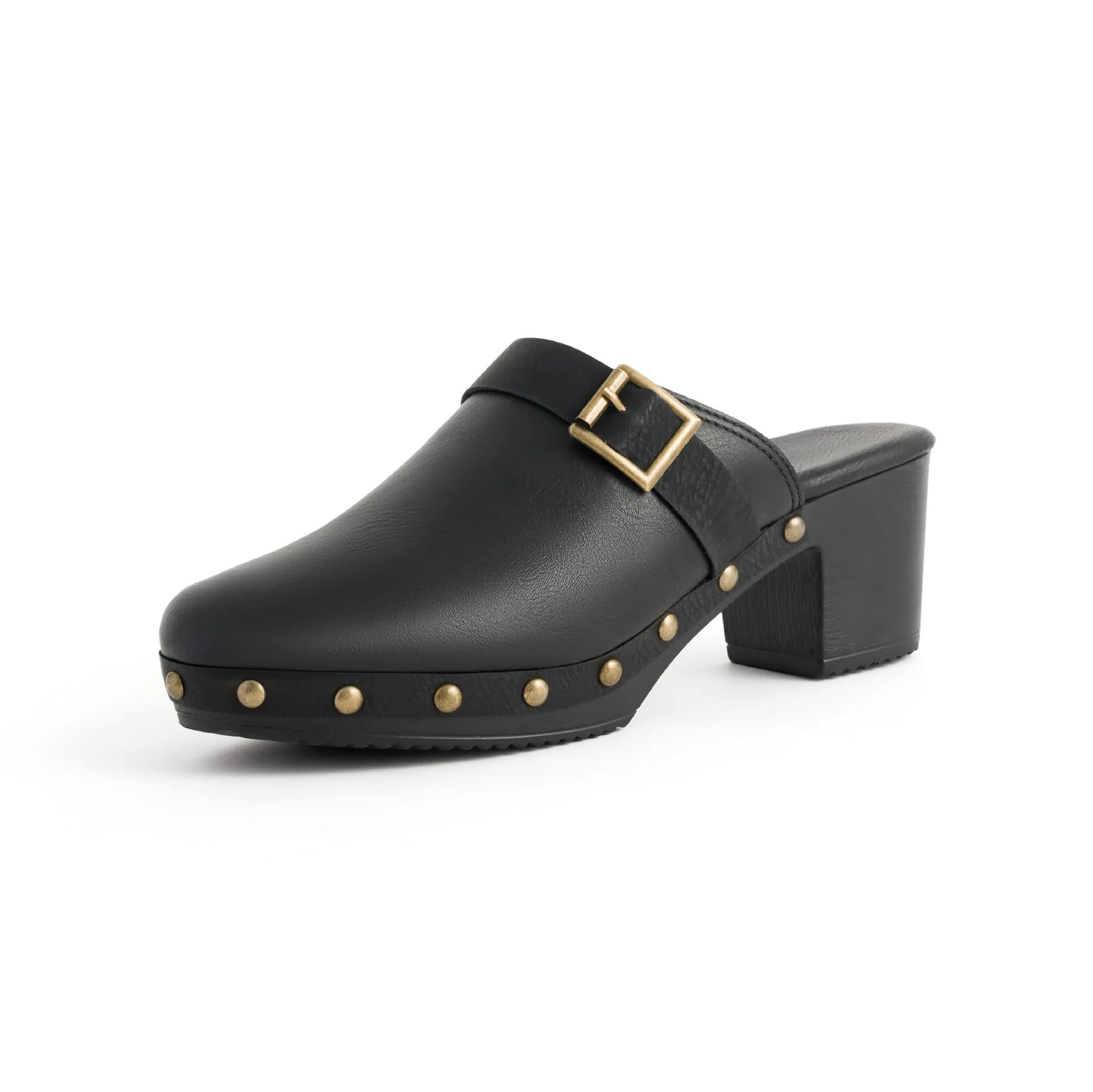 Mules à rivets pour femmes, boucle de ceinture, sandales à bout rond fermé, talons hauts épais, chaussures en cuir pour femme, rétro et décontractées
