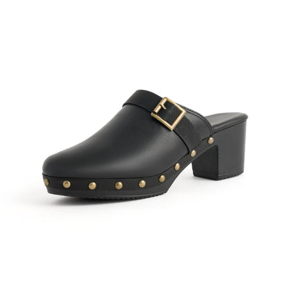 Mules à rivets pour femmes, boucle de ceinture, sandales à bout rond fermé, talons hauts épais, chaussures en cuir pour femme, rétro et décontractées