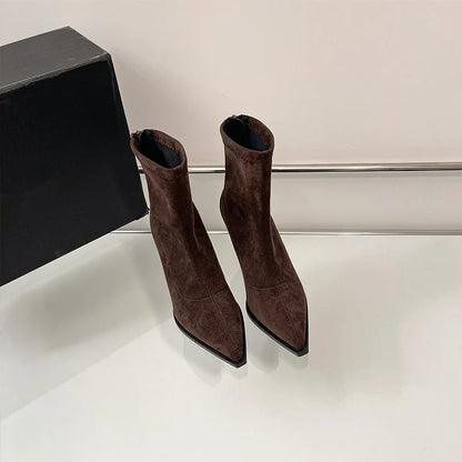 Bottines à talons hauts pour femmes à bout pointu, chaussures élégantes et tendance pour danse et soirées, bottines courtes slim extensibles pour femmes, automne-hiver