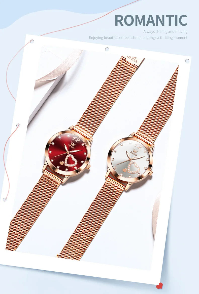 Montre pour femme OLEVS 5189, montre-bracelet à quartz, montre décontractée et tendance pour dames, étanche, lumineuse, bracelet en maille, cadran cœur, index en zircon.