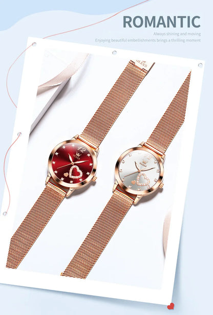 Montre pour femme OLEVS 5189, montre-bracelet à quartz, montre décontractée et tendance pour dames, étanche, lumineuse, bracelet en maille, cadran cœur, index en zircon.