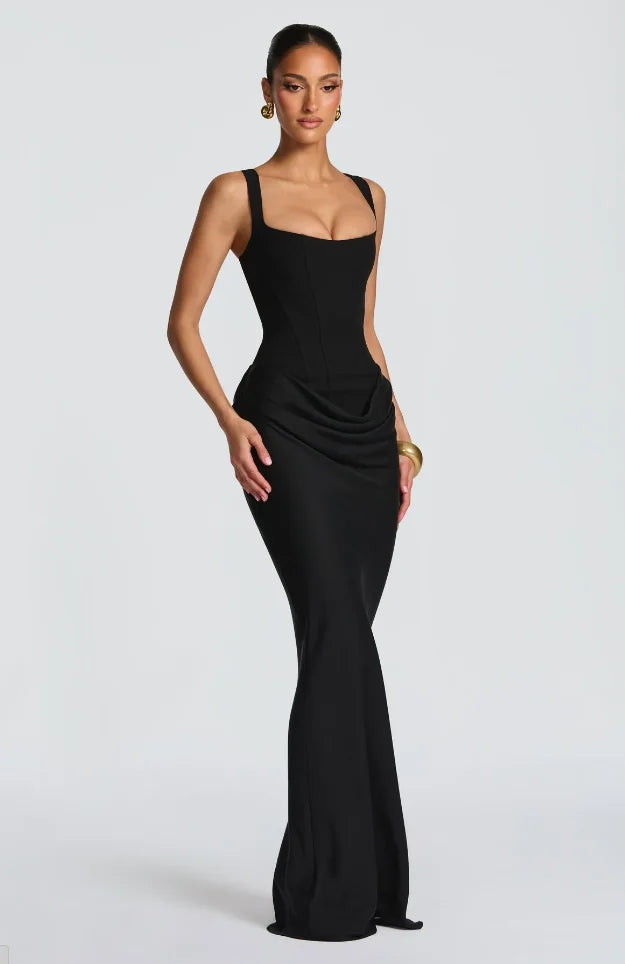Robe à bretelles plissée unie pour femme col carré sans manches épaules dénudées cintrée à la taille effet amincissant robe de soirée et de fête pour femme 2025